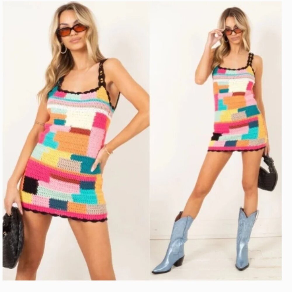 TACH Patchwork Crochet Mini Dress in Pink, Teal, Yellow, Orange, Black, White